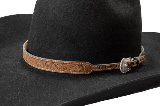 Bandeau de chapeau western Twister en cuir véritable – Motif floral embossé brun moyen
