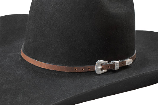 Bandeau de chapeau western Twister en cuir véritable brun – Boucle argentée classique
