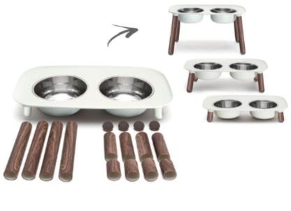 Messy Mutts Bol Double Surélevé Avec Pattes Ajustables, Gris Pâle, Pattes Faux Bois