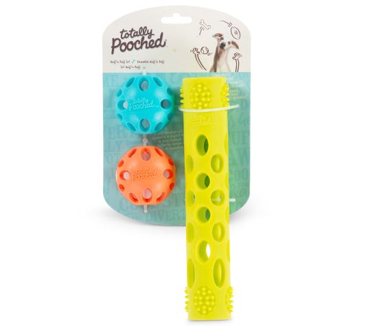 Messy Mutts "totally Pooched, Huff'n Puff" Ensemble De 3 Jouets Pour Chien - 2 Balles + 1 Bâton