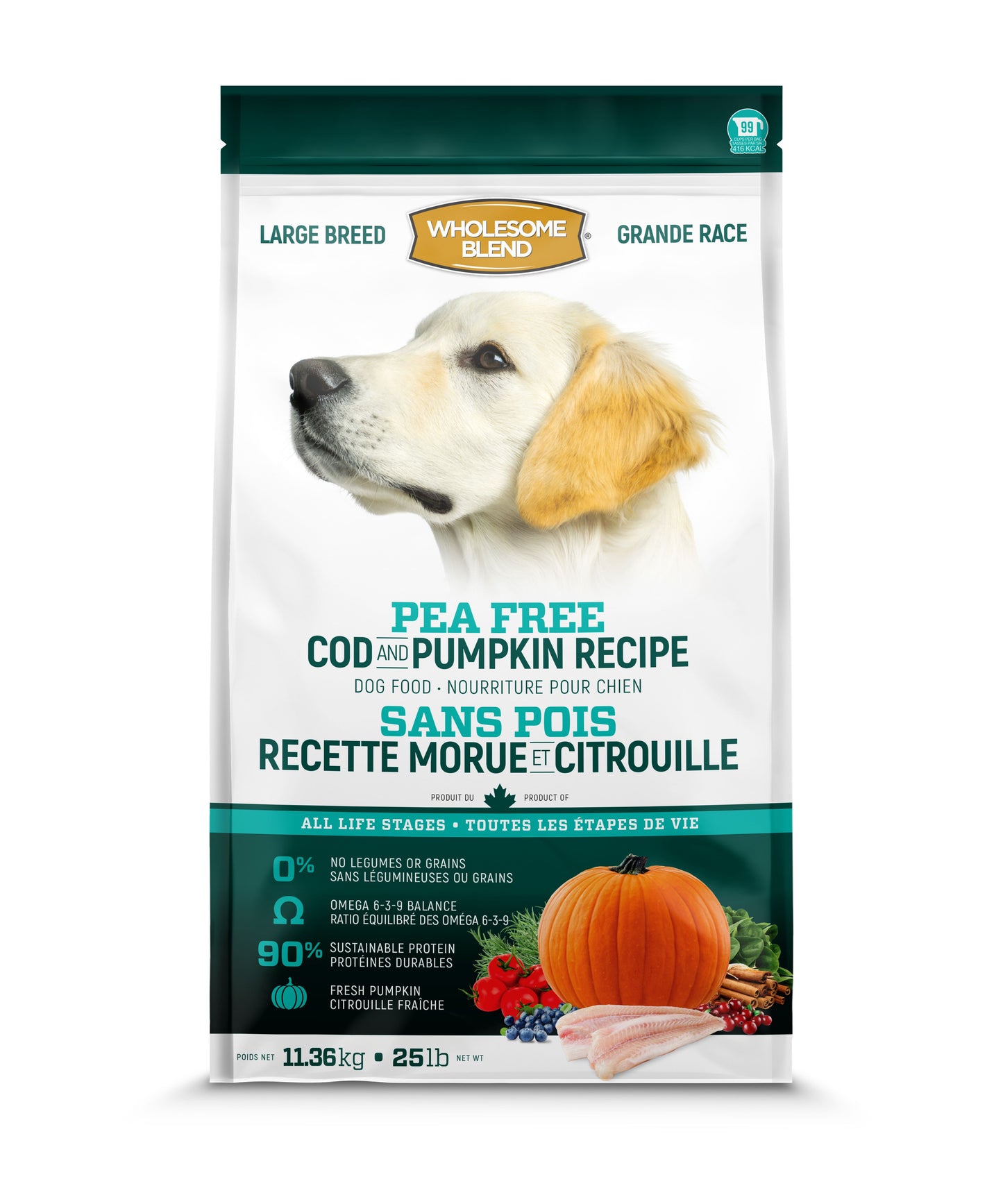 Trouw Nutrition Wholesome Blend Nourriture Chien Grande Race, Sans Pois, Morue/citrouille 11.4Kg