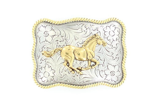 Boucle de ceinture western Nocona pour homme – Cheval au galop argent et or
