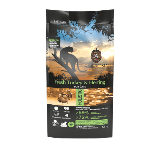 Ambrosia Nourriture sèche pour chat senior stérilisé, Dinde fraîche et hareng, 1,5Kg