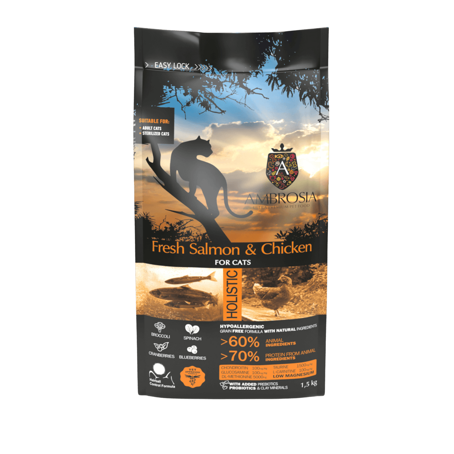 Ambrosia Nourriture sèche pour chat stérilisé, Saumon frais et poulet, 5Kg