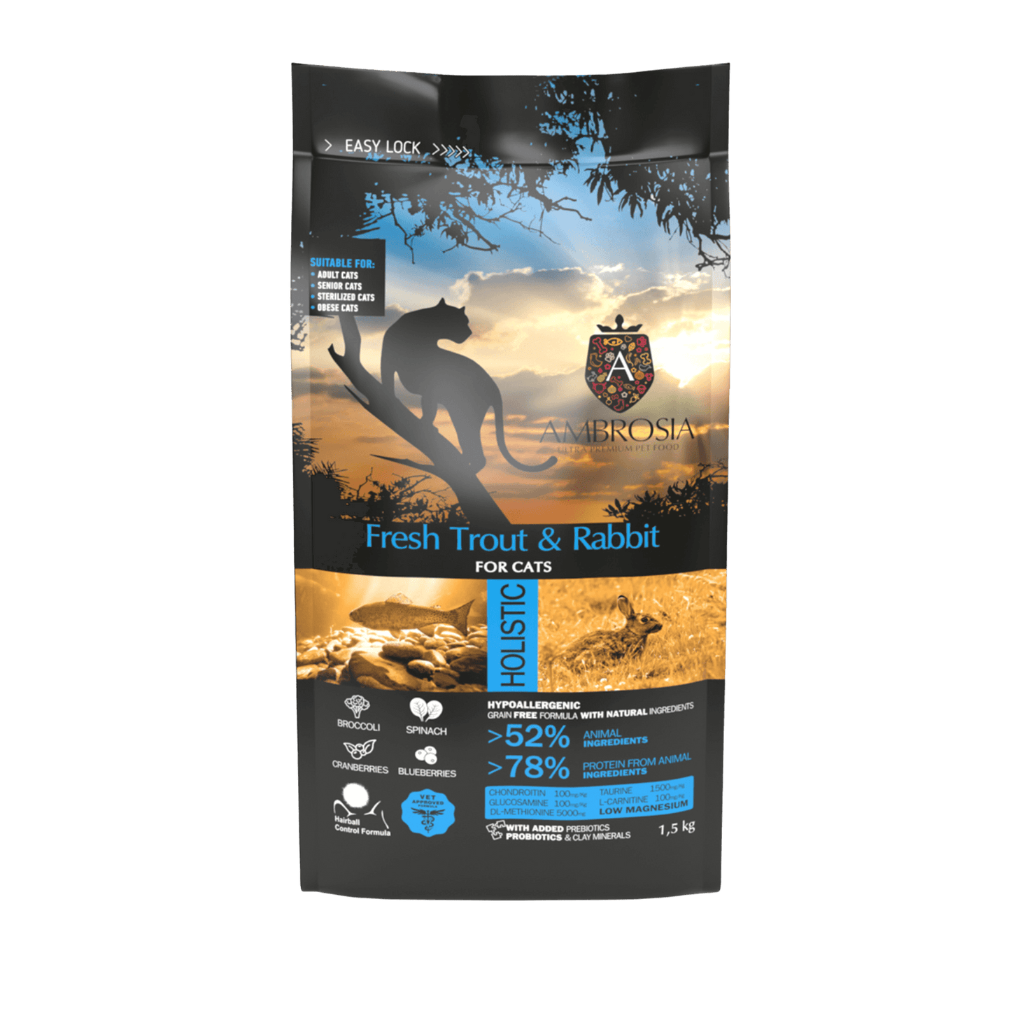 Ambrosia Nourriture sèche pour chat senior stérilisé, Truite fraîche et lapin, 1.5Kg