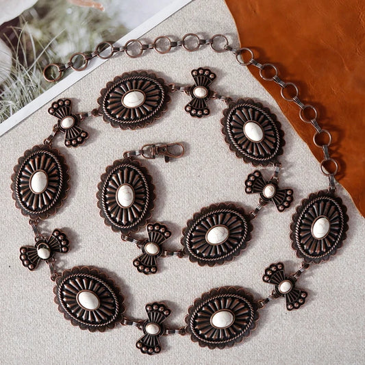 Ceinture à maillons en forme de chaîne en concho en pierre ovale argentée gravée