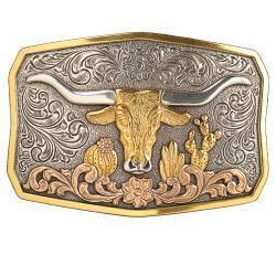 Boucle de ceinture western Nocona pour homme – Longhorn antique argent et or