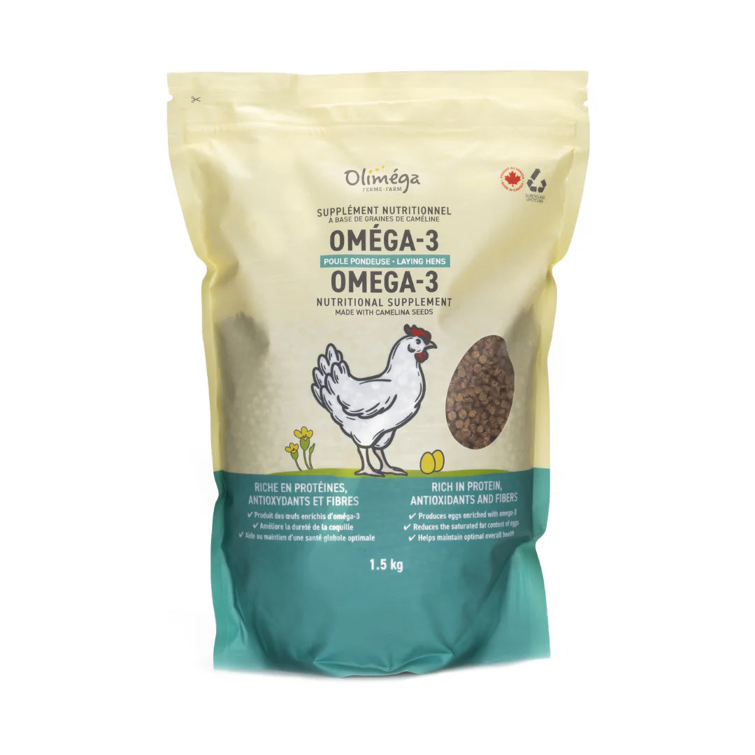 Olimega Farm  Supplément nutritionnel à base de tourteau de caméline oméga-3 pour poules pondeuses