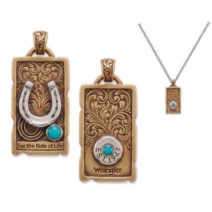Wrangler Collier pendentif de plaques en fer à cheval et turquoise Western