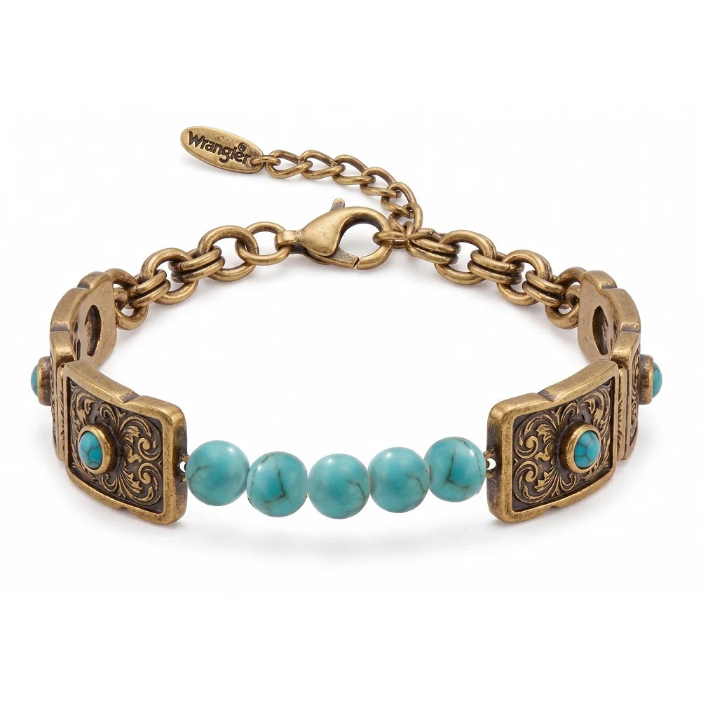 Wrangler Bracelet à chaîne western  turquoise et rouleau gravé à l’ouest
