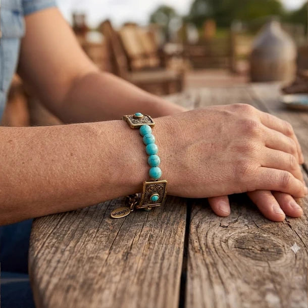 Wrangler Bracelet à chaîne western  turquoise et rouleau gravé à l’ouest