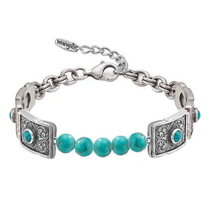 Wrangler Bracelet à chaîne western  turquoise et rouleau gravé à l’ouest