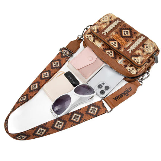 Wrangler modèle Southwestern porte-bandoulière à double face imprimé avec compartiment portefeuille - marron clair