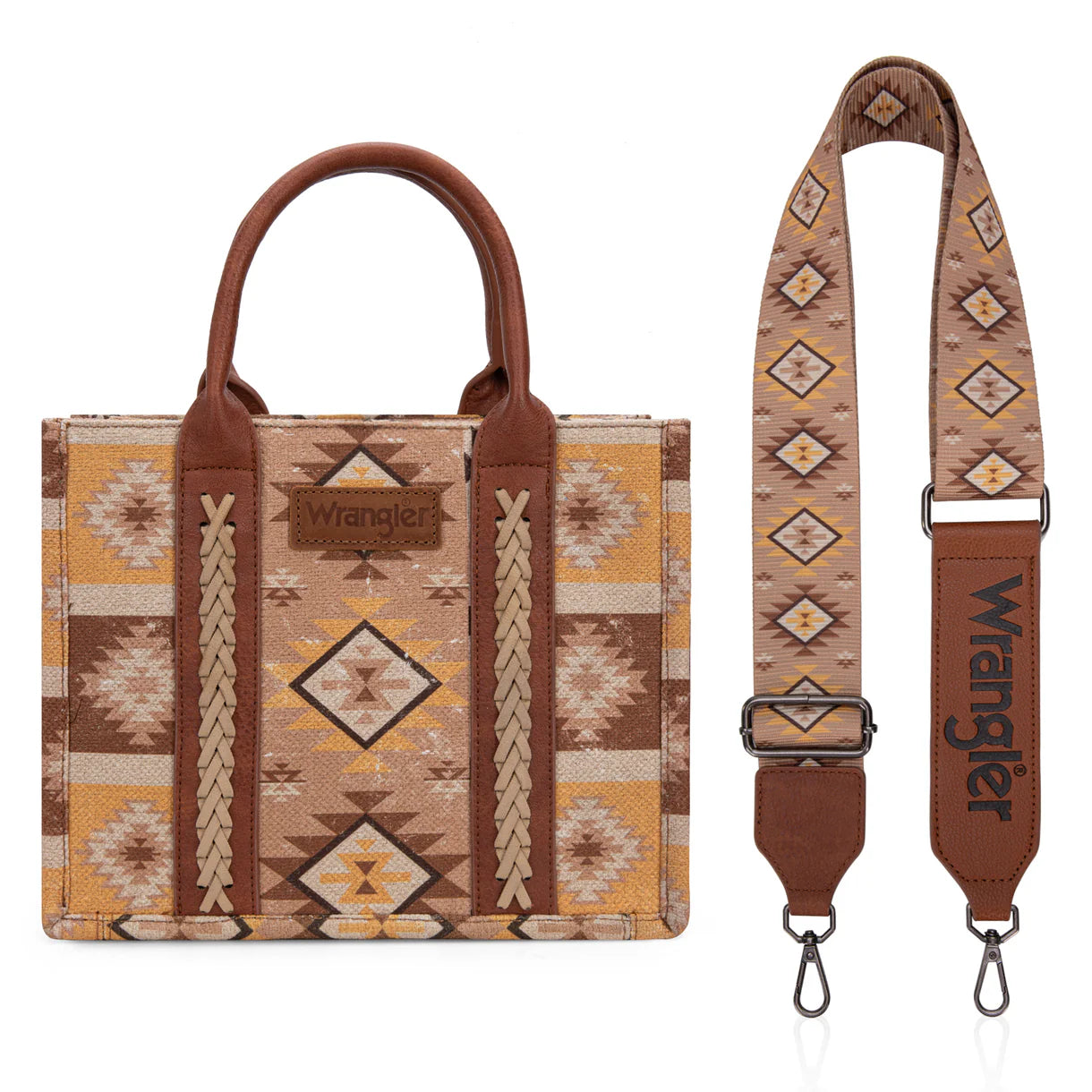 Sac cabas/bandoulière Wrangler à motif aztèque imprimé recto-verso - Beige