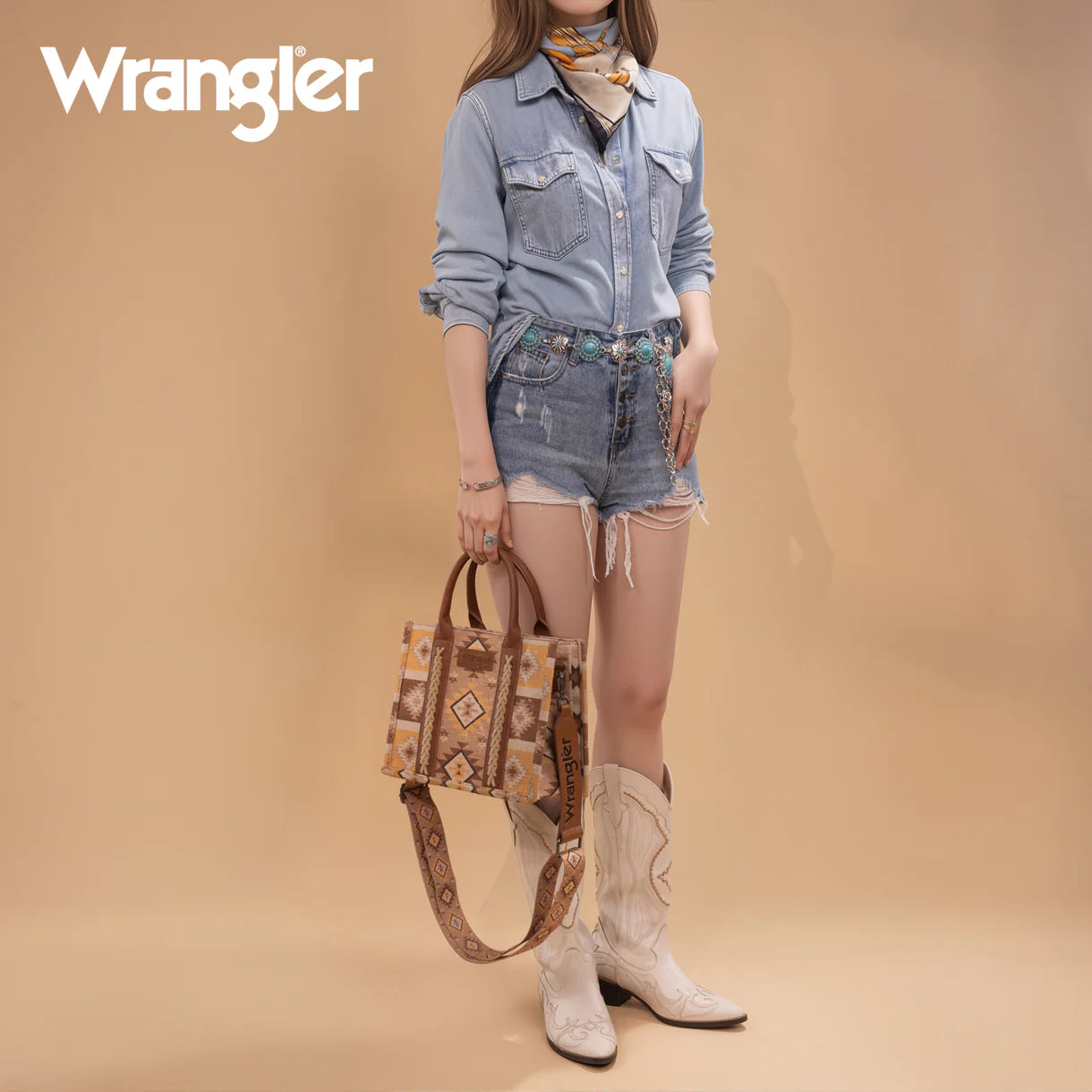 Sac cabas/bandoulière Wrangler à motif aztèque imprimé recto-verso - Beige