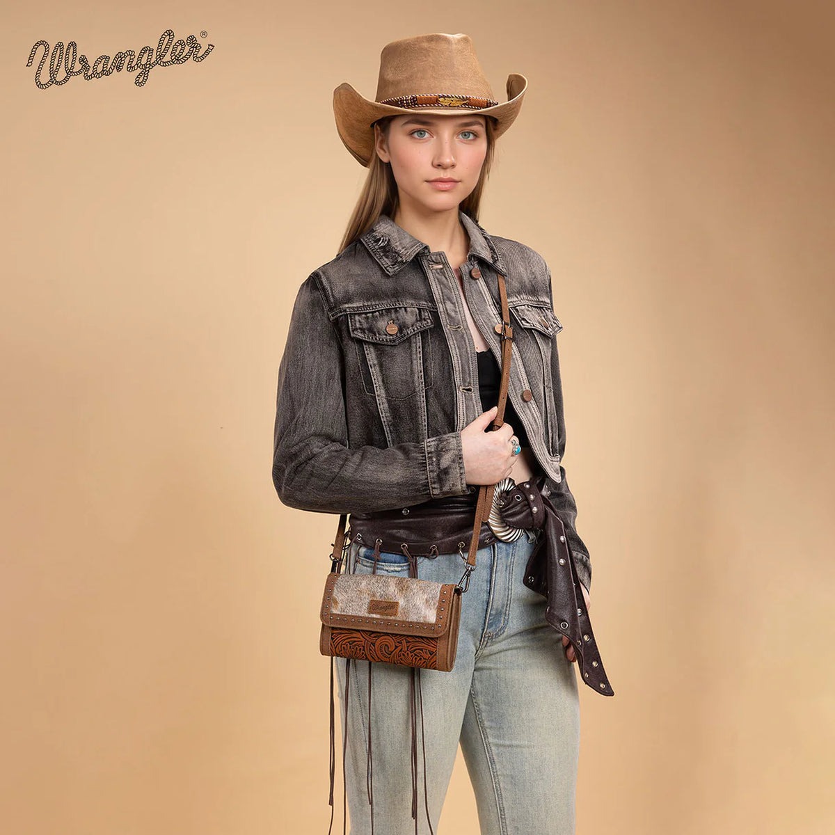 Portefeuille/pochette/sac bandoulière Wrangler en cuir de vachette véritable