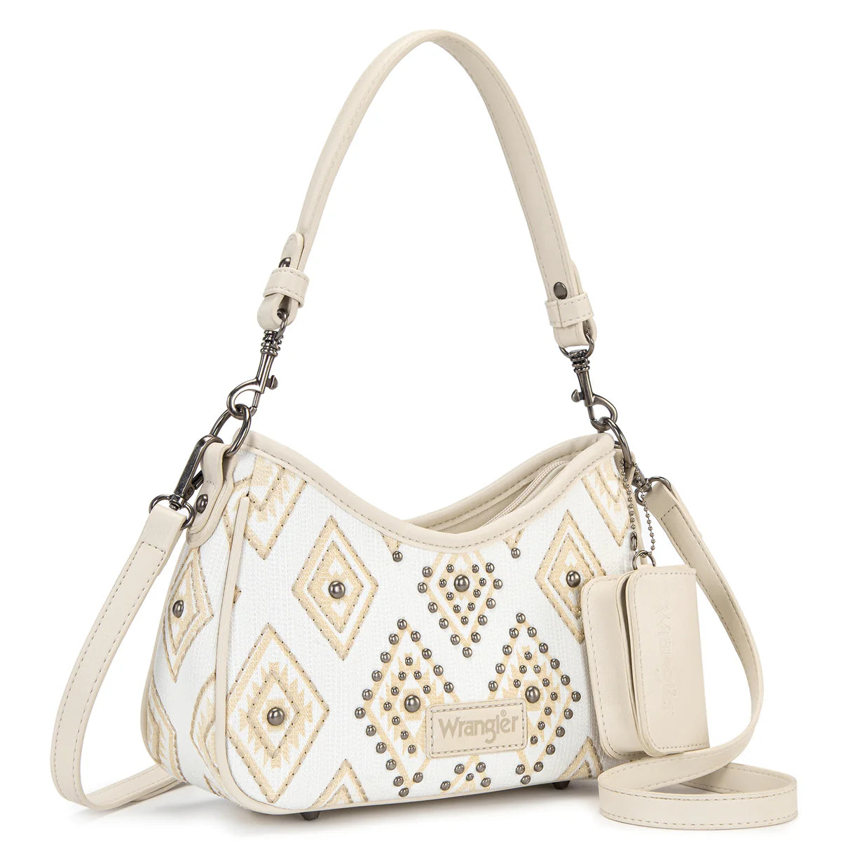 Sac à bandoulière en jean aztèque clouté avec mini-pochette - Beige