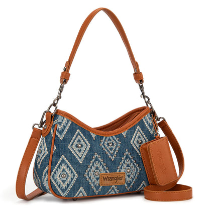 Sac à bandoulière en jean aztèque clouté avec mini-pochette - Jean