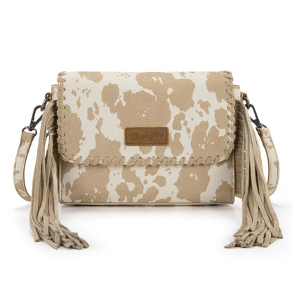 Sac bandoulière à franges Wrangler à motif vache- Beige