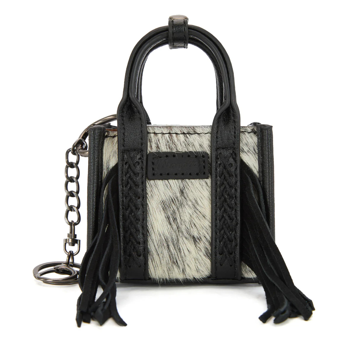 Sac fourre-tout/porte-clés Wrangler en cuir de vachette noir, modèle mini à franges