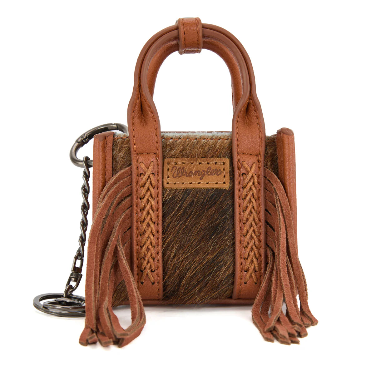 Sac fourre-tout/porte-clés Wrangler en cuir de vachette marron, modèle mini à franges