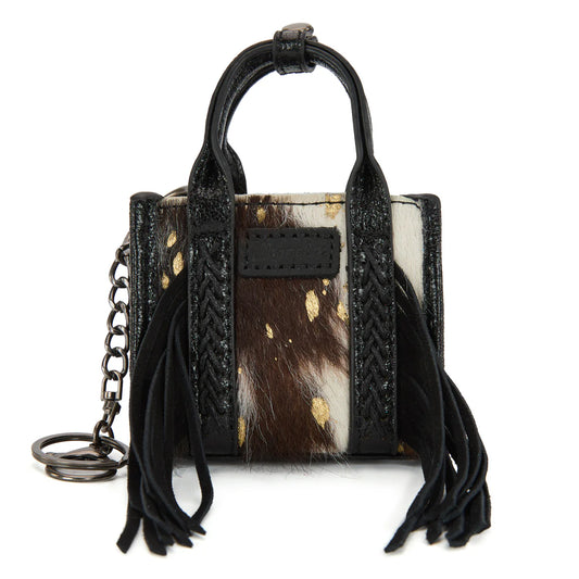 Sac fourre-tout/porte-clés Wrangler en cuir de vachette noir, modèle mini à franges