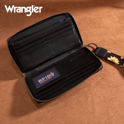 Portefeuille Wrangler en cuir PU à imprimé tournesol- Noir