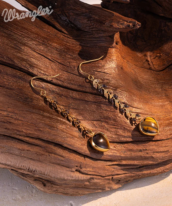 Boucles d'oreilles pendantes en forme de cœur ornées de pierres naturelles-BRUN