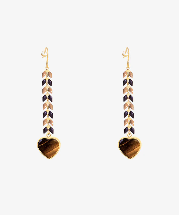 Boucles d'oreilles pendantes en forme de cœur ornées de pierres naturelles-BRUN