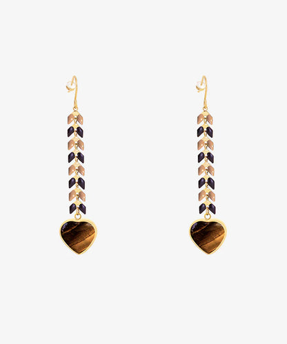 Boucles d'oreilles pendantes en forme de cœur ornées de pierres naturelles-BRUN