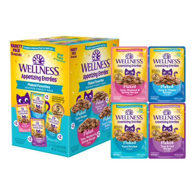 Wellness® Entrées Savoureuses™ – Assortiment de fruits de mer effilochés – Nourriture humide pour chat – 8 x 40 g