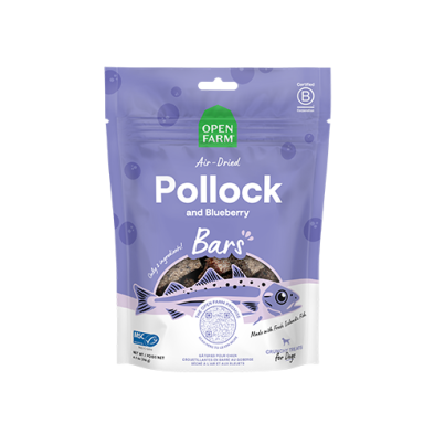 Open Farm® Gâteries pour chien croustillantes en barre au goberge séché à l’air et aux bleuets 4,1-oz