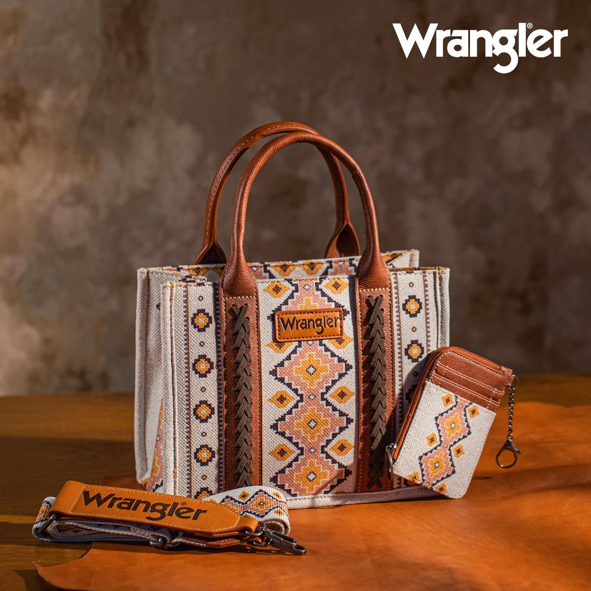 Ensemble sac cabas/bandoulière et porte-cartes Wrangler Aztec petit format- Café
