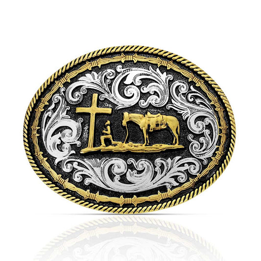 Montana Silversmiths Corde bicolore & Fil barbelé, Impressions classiques Christian Cowboy Attitude Buckle