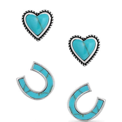 Montana Silversmiths Ensemble de boucles d’oreilles en forme de cœur et fer à cheval turquoise