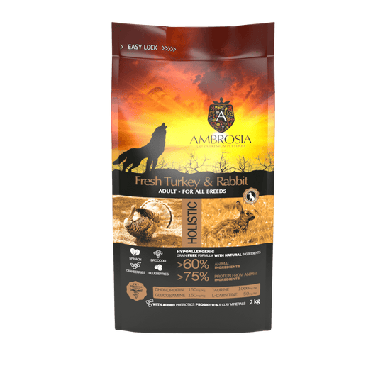 Ambrosia, Nourriture sèche chien, Dinde fraîche et lapin, Sans grains, 12Kg