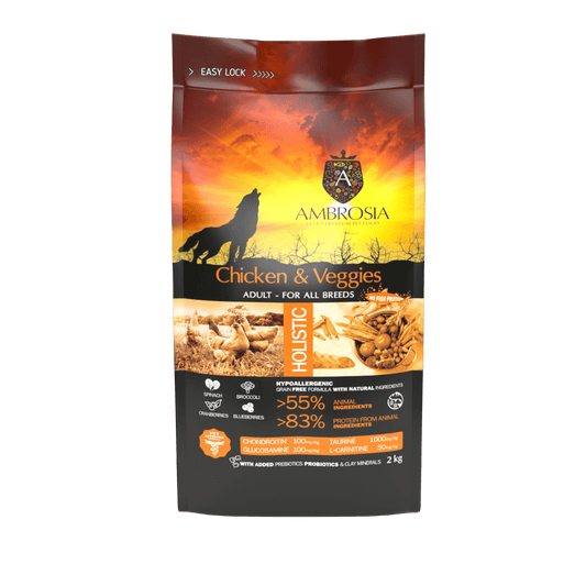 Ambrosia Nourriture sèche chien, Poulet et légumes, Sans grain, 12Kg