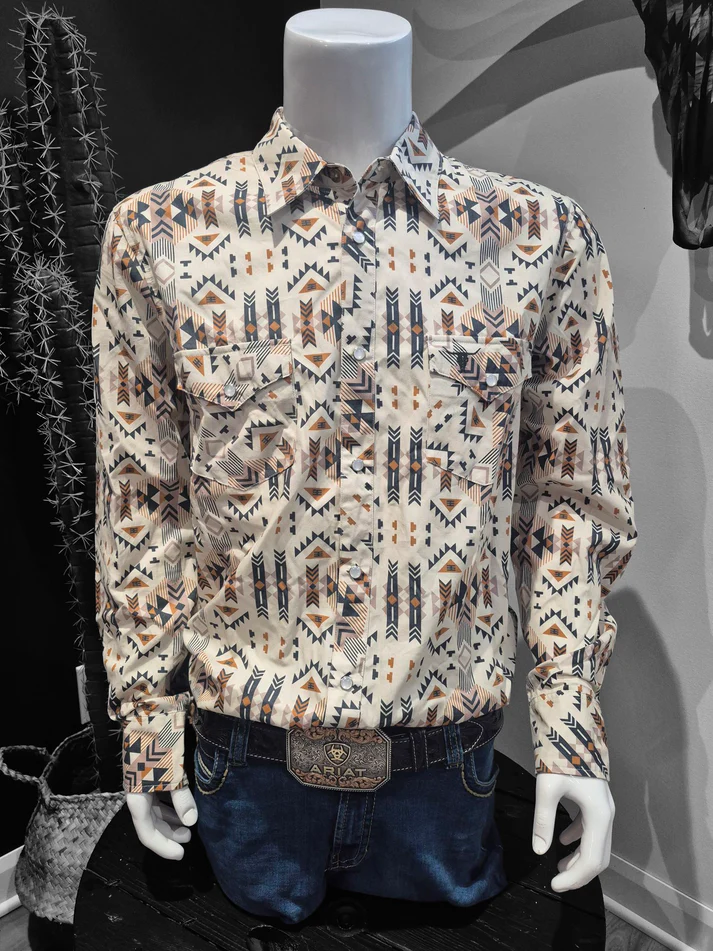 Shack Story Chemise Western Aztec pour homme, Beige