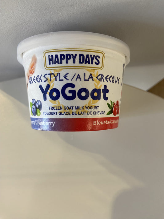 HAPPY DAYS YoGoat – Yogourt glacé au lait de chèvre style grec, bleuet/canneberge 110 ml