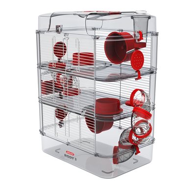 Cage Trio Rody 3 pour hamster, trois étages, rouge, 41 x 27 x 53 cm (16,14 x 10,62 x 20,86 po)