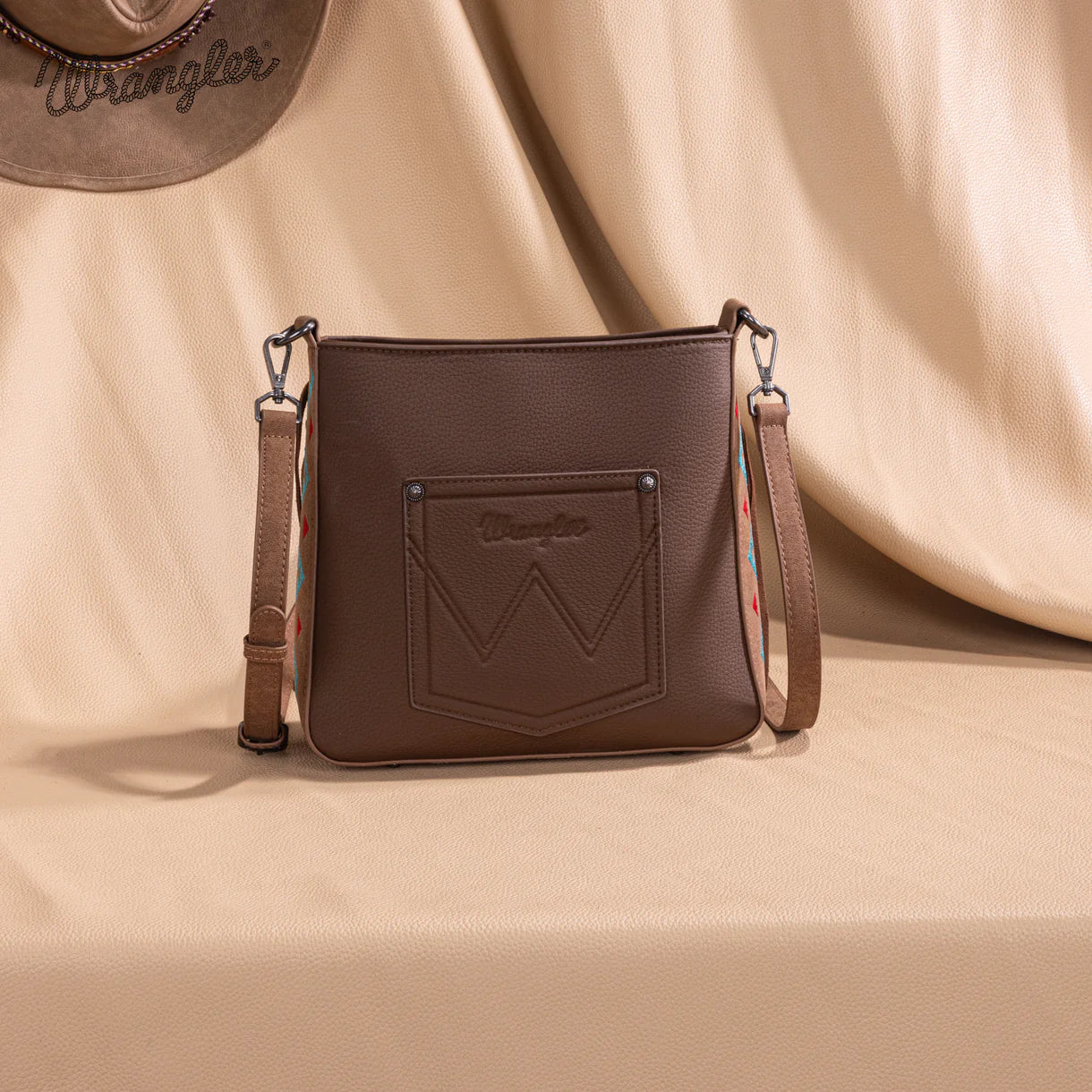 Sac bandoulière Wrangler à franges brodées aztèques- Marron