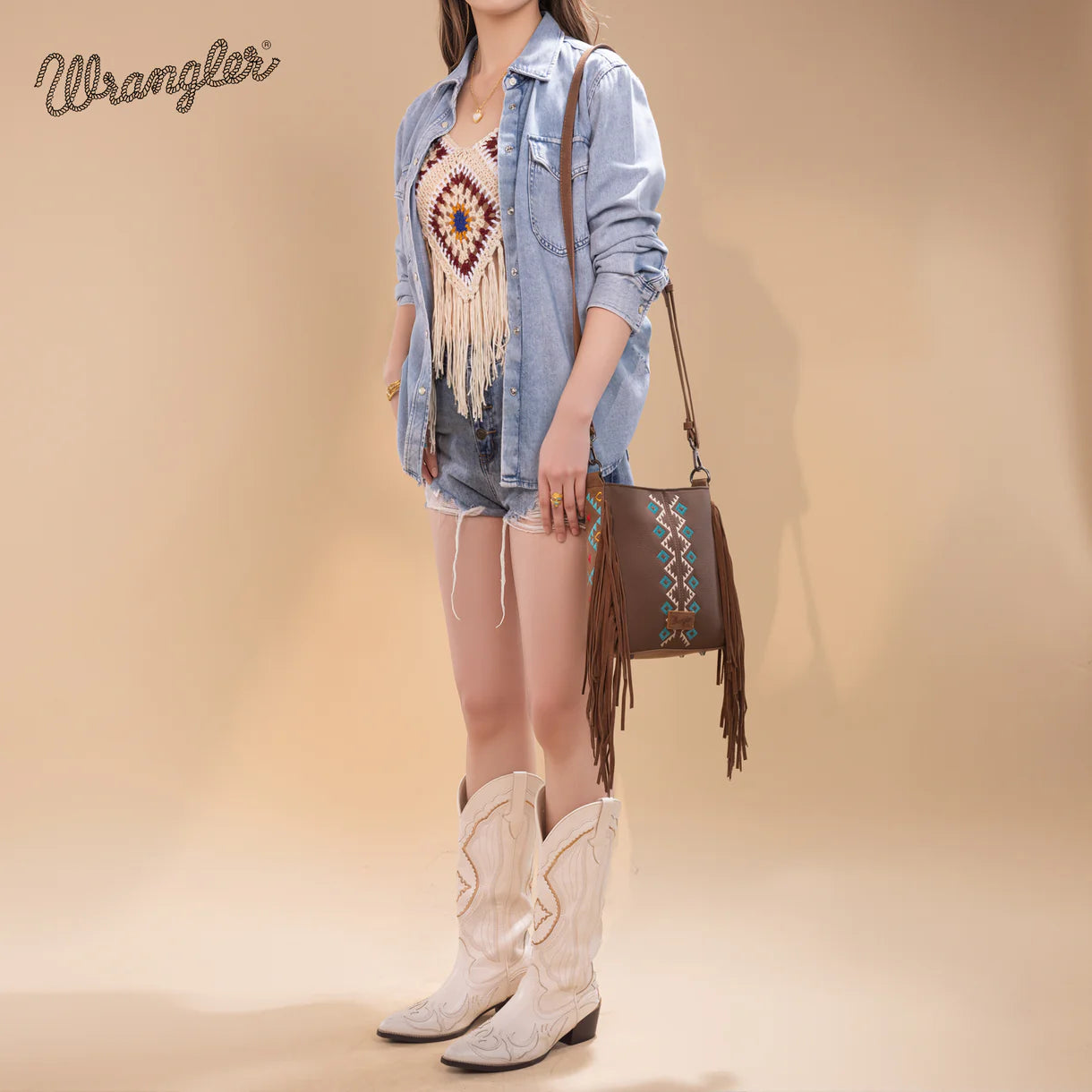 Sac bandoulière Wrangler à franges brodées aztèques- Marron